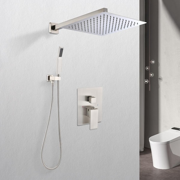 1-Spray Square High Pressure 12 in. Shower Head Brass Wall Bar Shower Kit with Hand Shower in Brushed Nickel