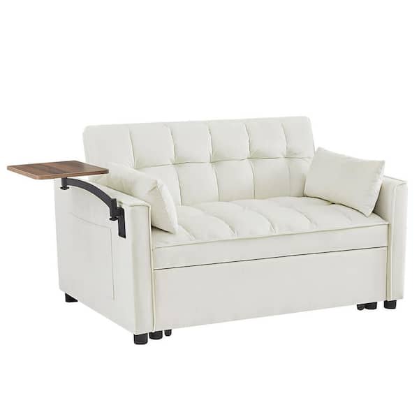 anpport 53 in. W 3-in-1 Convertible Velvet Sleeper Sofa Bed with 2 Pillows and Small Table, Beige, 2-Seater Loveseat