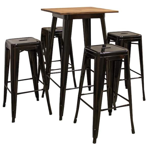 AmeriHome Metal and Wood 5-Piece Sheesham Wood Tabletop and Black Metal Frame Pub Table Set