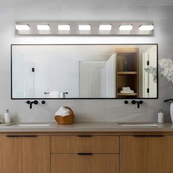 45.67 in. 7-Light Nickel Vanity Light with Dimmable 5500K Light and 270° Swivel Range Acrylic Lampshade