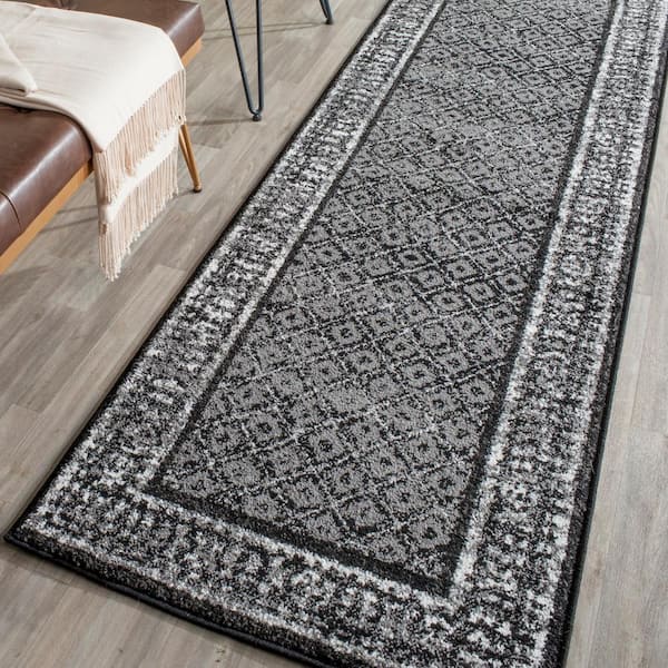 Adirondack Black/Silver 3 ft. x 12 ft. Border Geometric Runner Rug