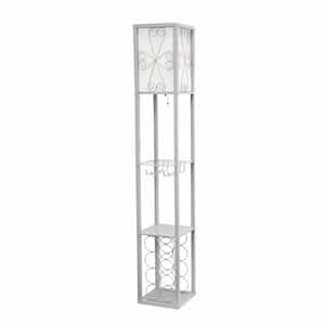 62.75 in. Gray Floor Lamp Etagere Organizer Storage Shelf and Wine Rack with Linen Shade