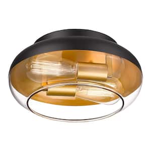 11.5 in. 2-Light Black and Gold Flush Mount With Clear Glass Shade and No Bulbs
