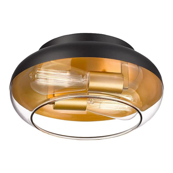 JAZAVA 11.5 in. 2-Light Black and Gold Flush Mount With Clear Glass Shade and No Bulbs