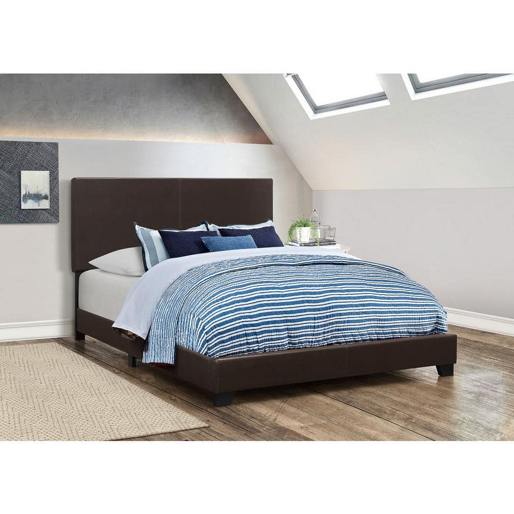 Modern Sleek Queen Upholstered Bed with Faux Leather Headboard, Brown