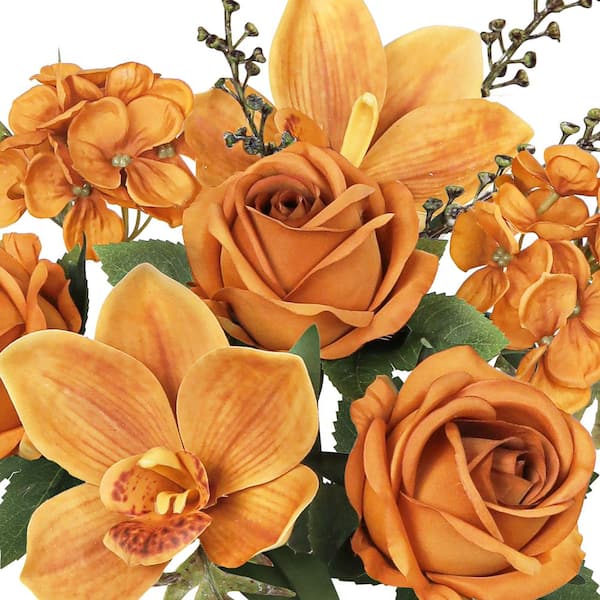 16 in. Cafe Brown Artificial Mixed Rose Cymbidium Orchid Hydrangea Flower Stem Bush Bouquet (Set of 2)