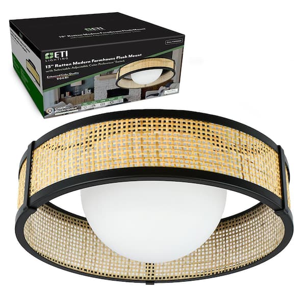 ETI LIGHTING 13 in. Modern Farmhouse Rattan LED Flush Mount 1100 Lumens Adjustable CCT