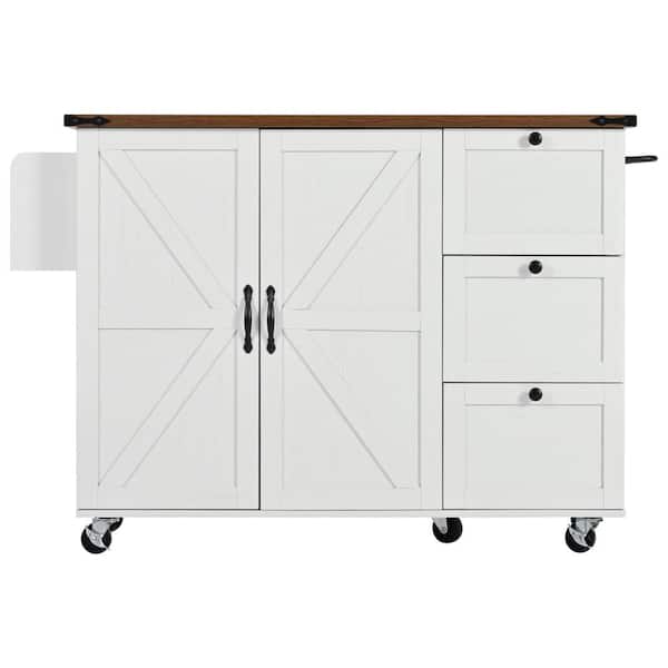 Polibi White/Brown Wood 54.50 in. Kitchen Island with Power Outlet, Storage Rack, Drop Leaf, Spice Rack and Wheels