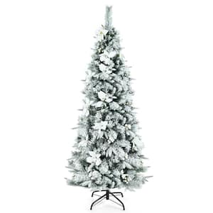 6 ft. Green PVC and PE Unlit Snow Flocked Slim Artificial Christmas Tree with Berries and White Poinsettia Flowers