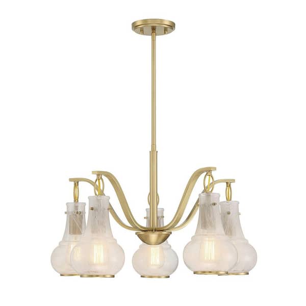 Savoy House Adams 5-Light Warm Brass Chandelier with White Strie Glass Shades