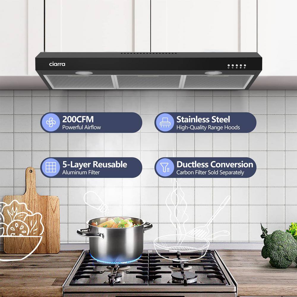 CIARRA Black Stainless Steel 30" Convertible Under Cabinet Range Hood