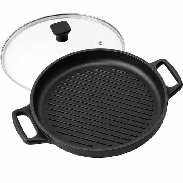 12 in. Round Cast Aluminum Griddle Pan, Nonstick Grill Pan in Black with Lid for Stovetop