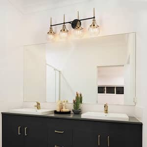 Capensis Mid-Century Modern 28.5 in. 4-Light Brass and Black Vanity Light with Clear Globe Glass Shade