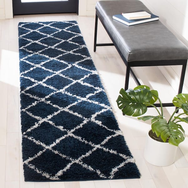August Shag 2 ft. x 9 ft. Navy/Ivory Modern Diamond Runner Rug