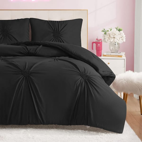 Amora Gathered Heart 3-Piece Black Solid Color Microfiber King Comforter Set