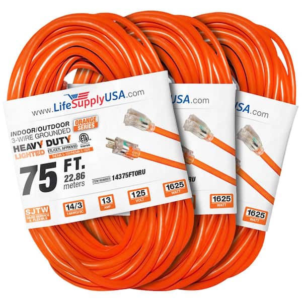 LifeSupplyUSA 75 ft. 14-Gauge/3-Conductors SJTW 13 Amp Indoor/Outdoor Extension Cord with Lighted End Orange (3-Pack)