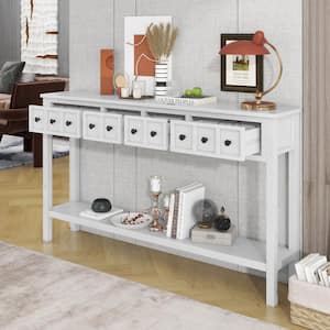 60 in. Antique White Rectangle Wood Console Table with Drawers