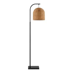 Piping 65 in. Matte Black Arc Floor Lamp with Rattan Shade