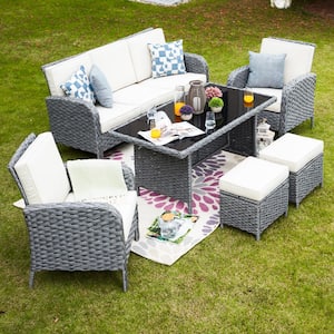 6-Piece Wicker Patio Conversation Seating Set with Beige Cushions