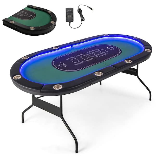 Casino Texas Holdem Foldable 10 Player Poker Table with LED Lights USB Ports in Green (1-Pack)