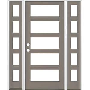 70 in. x 96 in. Modern Hemlock Right-Hand/Inswing 5-Lite Clear Glass Grey Stain Wood Prehung Front Door with Sidelites