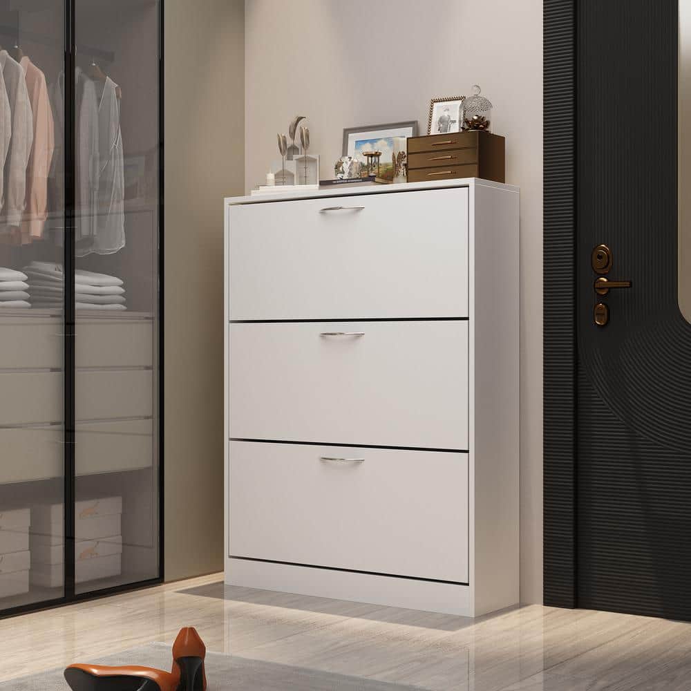 White MDF 3-Drawer Shoe Storage Cabinet with Metal Handles