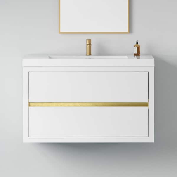 36 in. Single Sink Floating White Bath Vanity with White Resin Top (Assembled), Stone Resin Countertop, Water-Resistant