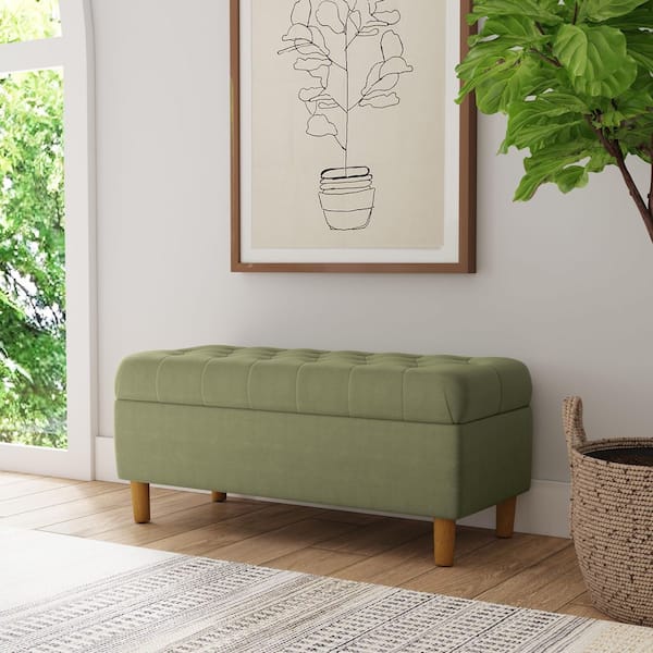 Light Sage Green Velvet Button Tufted Fawn Velvet 40 in Bedroom Bench Backless with Cone Wood Legs and Storage