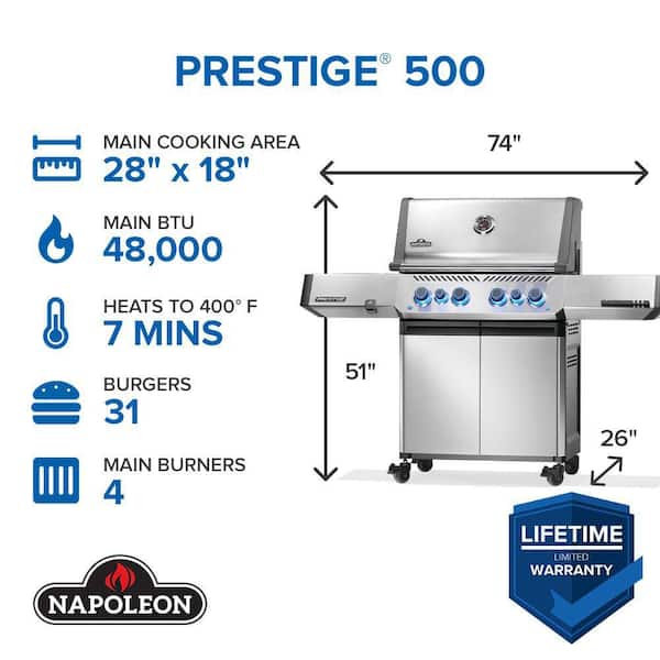 Prestige 500 4-Burner Natural Gas Grill with Infrared Side and Rear Burners in Stainless Steel with Large Rotisserie Kit