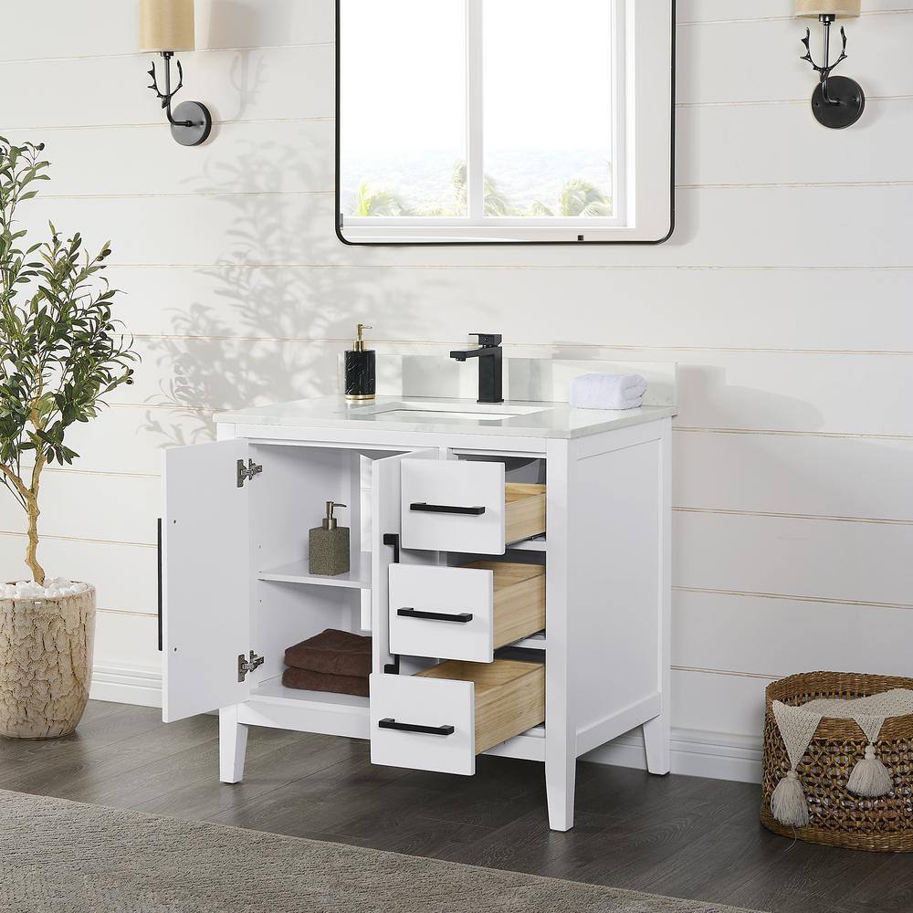 Laurel 36" White Wood Vanity with Calacatta Quartz Countertop