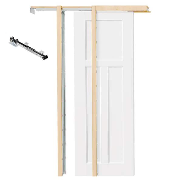 30 in. x 80 in. T-Shape White Primed Solid Core Wood MDF Sliding Pocket Door with Soft Close, Frame and Hardware Kit