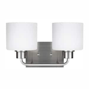 Canfield 14.25 in. 2-Light Brushed Nickel Minimalist Modern Wall Bathroom Vanity Light with White Glass and LED Bulbs