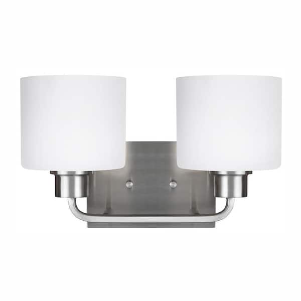 Generation Lighting Canfield 14.25 in. 2-Light Brushed Nickel Minimalist Modern Wall Bathroom Vanity Light with White Glass and LED Bulbs