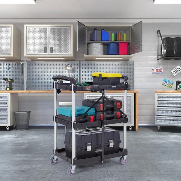 3-Shelf Foldable Utility Service Cart 165 lbs. Capacity Heavy Duty Plastic Rolling Cart in Black with Lockable Wheels