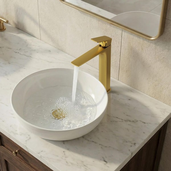 11.5 in. H 1-Handle Solid Brass Bathroom Single-Hole Vessel Sink Faucet with Drain in Brushed Gold