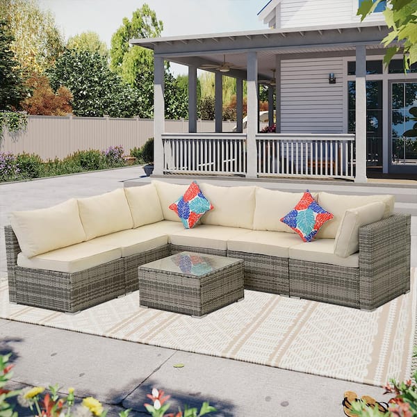 Zeus & Ruta 7--Piece Gray Wicker Outdoor Patio Sectional Sofa Conversation Set with Beige Cushions and 1 Coffee table