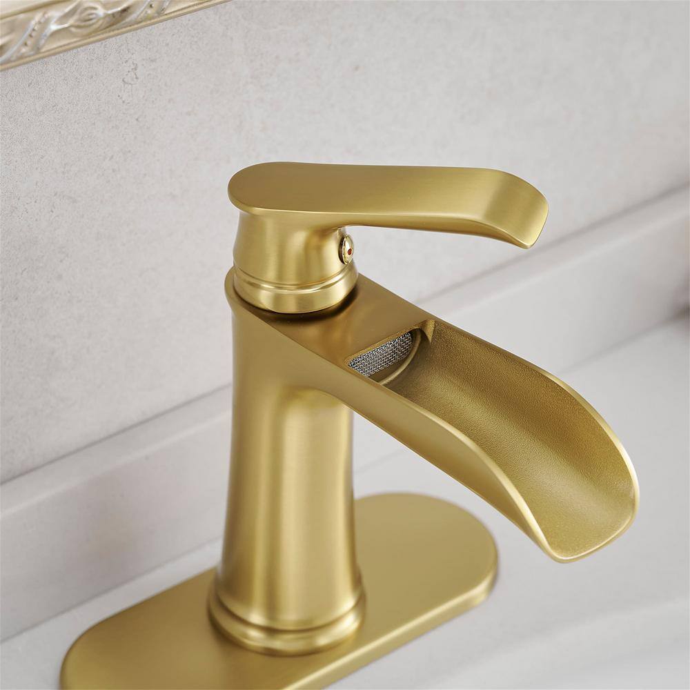 Brushed Gold Brass Waterfall Bathroom Faucet with Pop-Up Drain