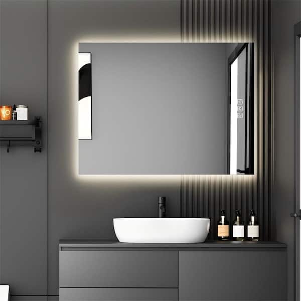 36 in. W x 28 in. H Rectangular Frameless Anti-Fog Dimmable CRI90+ Wall Mounted Bathroom Vanity Mirror in Silver