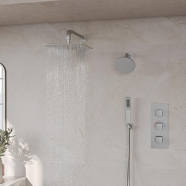12 in. Thermostatic 5-Spray Square Wall-Mount Dual Fixed and Handheld Shower Head 2.5 GPM in Brushed Nickel with Valve