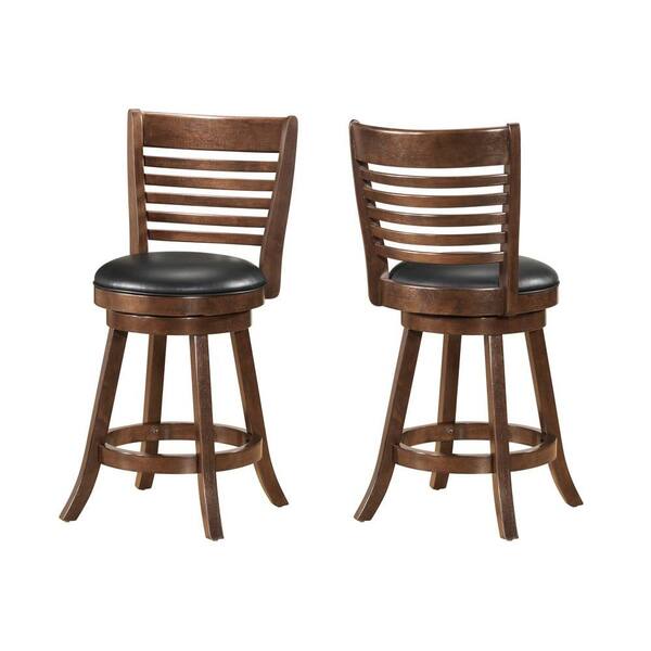 Worldwide Homefurnishings 25 in. Solid Wood Swivel Counter Stool in Walnut with Black Faux Leather Seat (Set of 2)