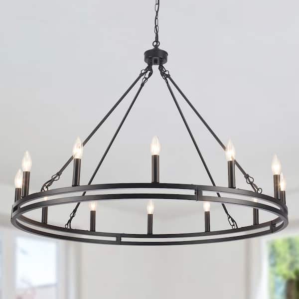 38 in. 12-Light Matte Black Modern Farmhouse Candle Style Dimmable Wagon Wheel Chandelier for Living Room Foyer