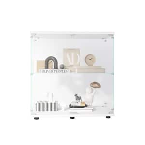 35.35in*31.69in*14.37in 2-Tier Glass White Freestanding Wooden Display Cabinet with 2 Glass Doors