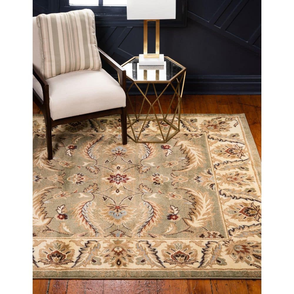 Green Floral Square Stain-Resistant Synthetic Area Rug
