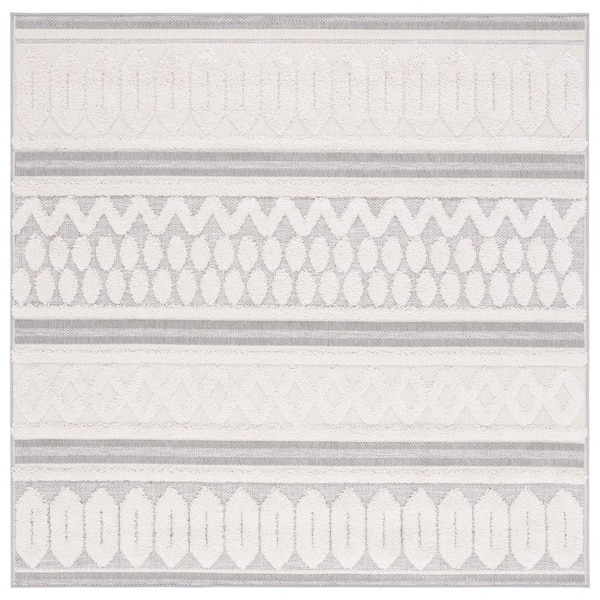 Cottage Ivory/Gray 7 ft. x 7 ft. Striped High-Low Indoor/Outdoor Square Area Rug