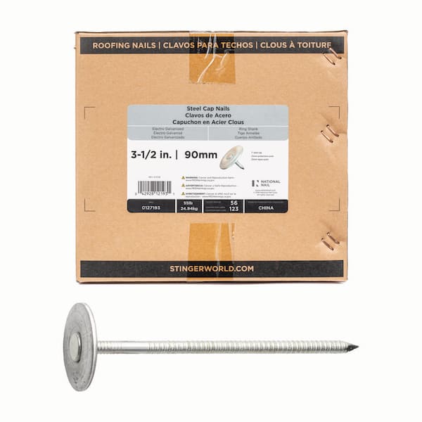 3-1/2 in. x 12-Gauge Electrogalvanized Ring Shank Steel Cap Roofing Nail 25 lbs. Box