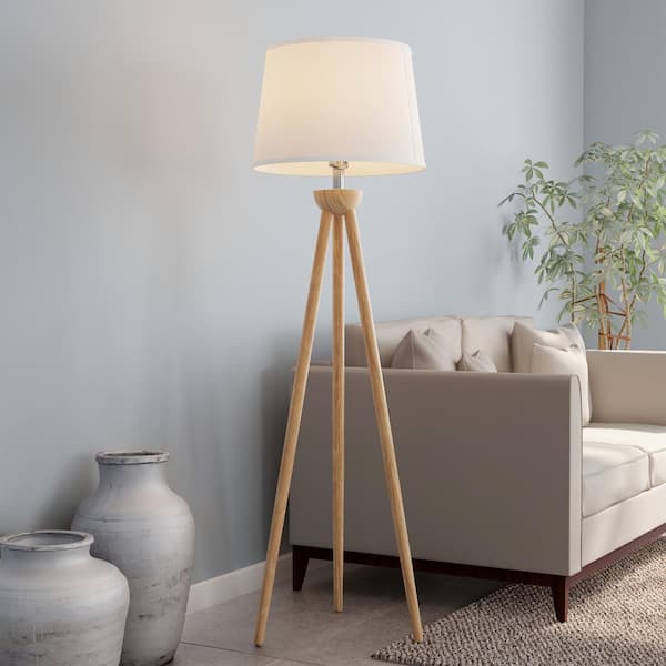 58 in. Modern Natural Wood Oak Tripod LED Floor Lamp with White Shade