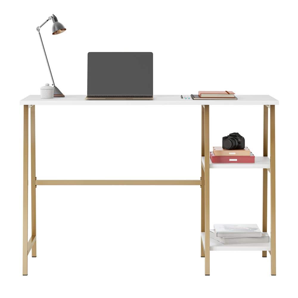 Modern White and Gold Desk with Open Shelves and Metal Frame