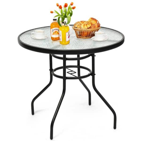 32 in Round Outdoor Patio Table with Tempered Glass Top and Umbrella Hole Black