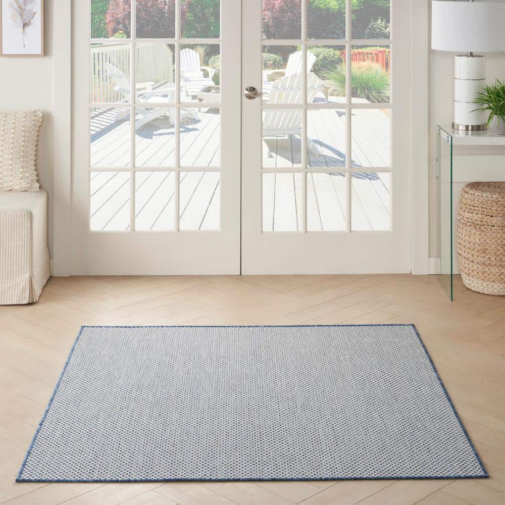 Ivory Blue Geometric 4' Square Synthetic Area Rug
