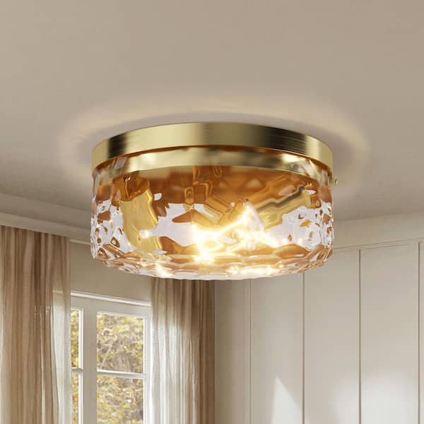 Raleigh 12 in. 3-Light Brass Iron Modern Flush Mount Lighting Bedroom Ceiling Lights With Water Glass Shade